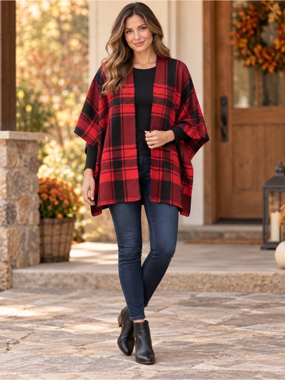 Time and Tru Red and Black Plaid Poncho